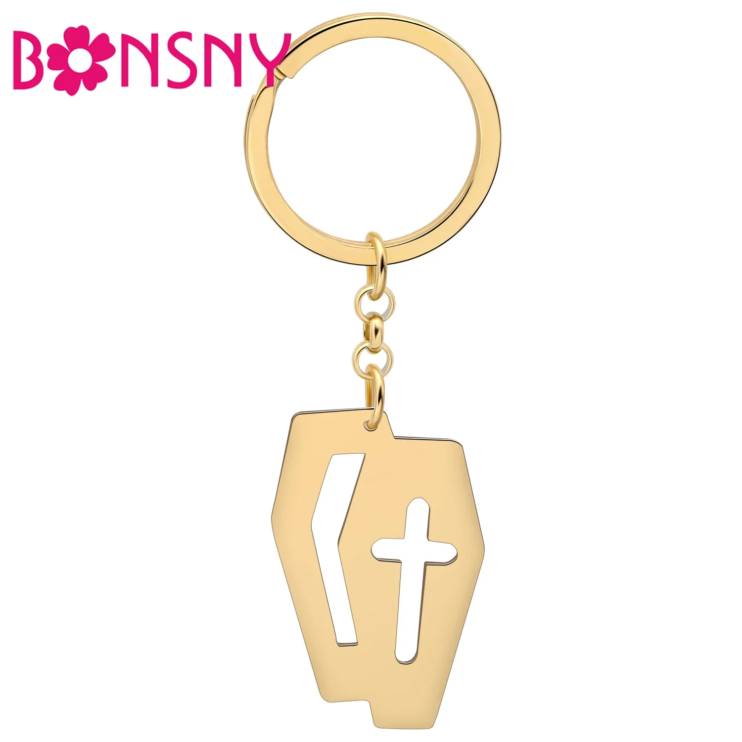 BONSNY Stainless Steel Plated Silver Gold Cross Tombstone Keychains Wallet Car Handbag Key Ring For Women Girls Halloween Gifts