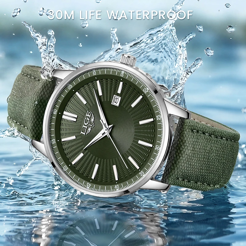 LIGE Casual Green Genuine Leather Watch for Men Fashion Military Sports Waterproof Men's Quartz Wristwatches Relogios Masculino