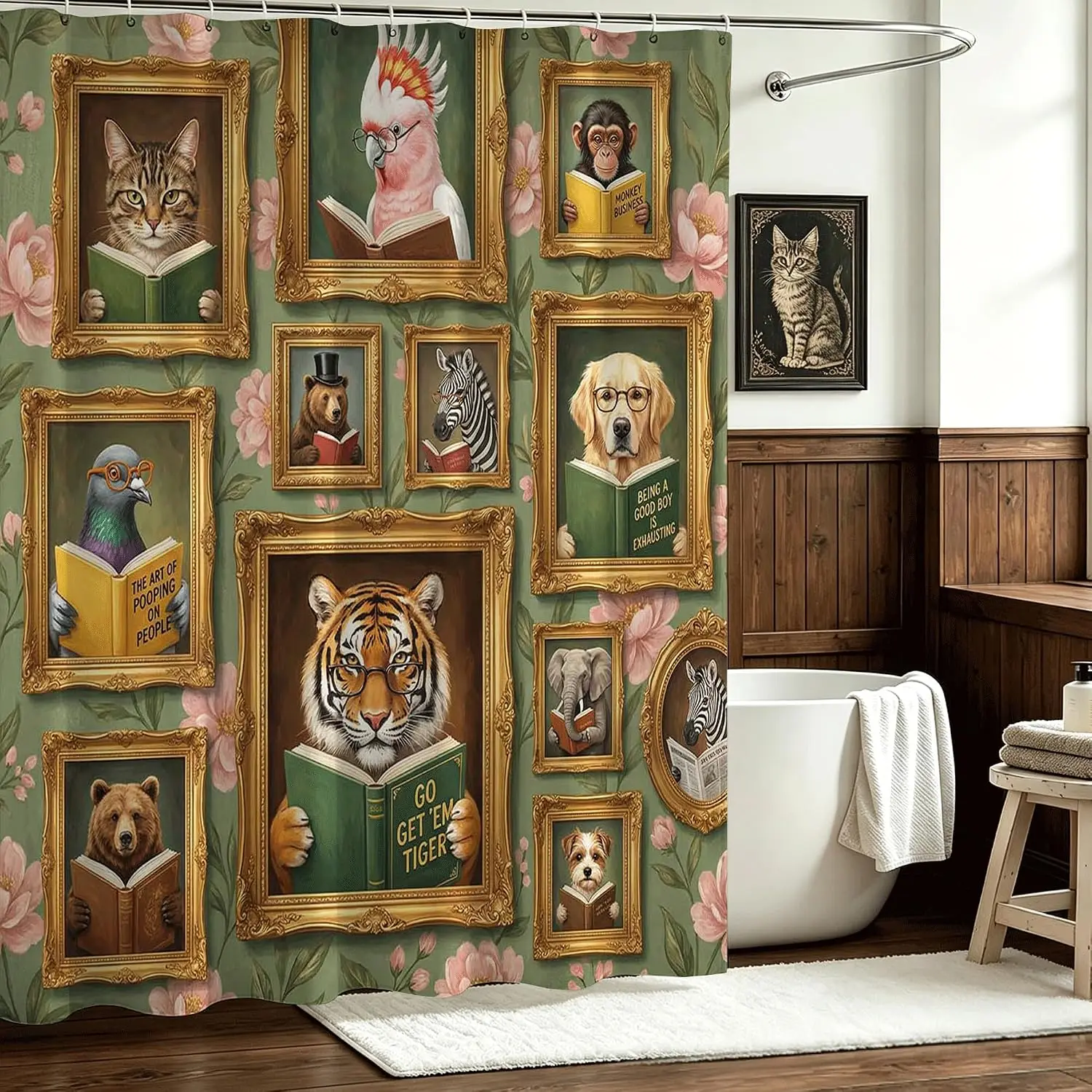 Vintage Zoological Illustration Animal Reading Pattern Shower Curtain Bathroom Decor Tapestry Art Polyester Waterproof Boho Mast