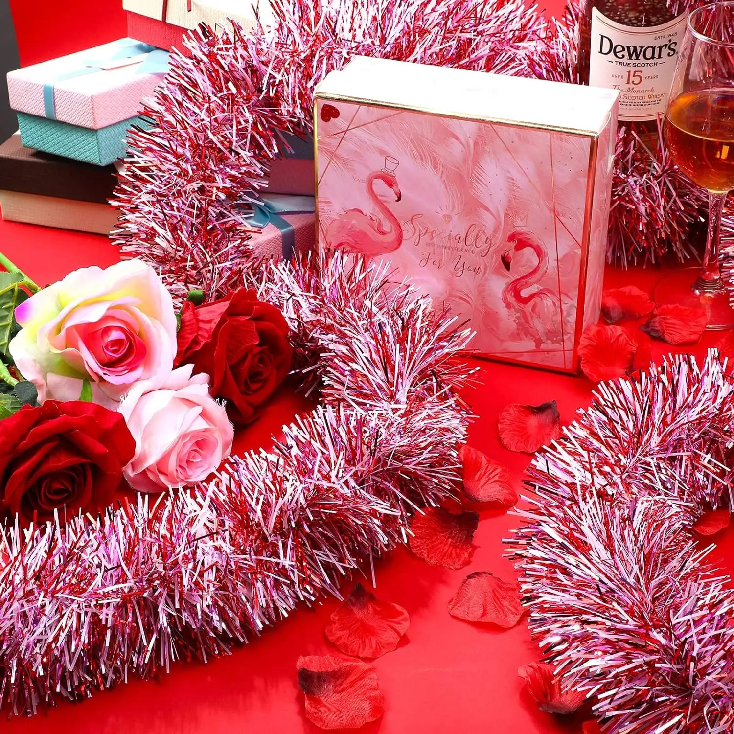 Valentine\'s Day Tinsel Garland White Red and Pink Twist Garland for Valentine Wedding Birthday Indoor Outdoor Party Decorations