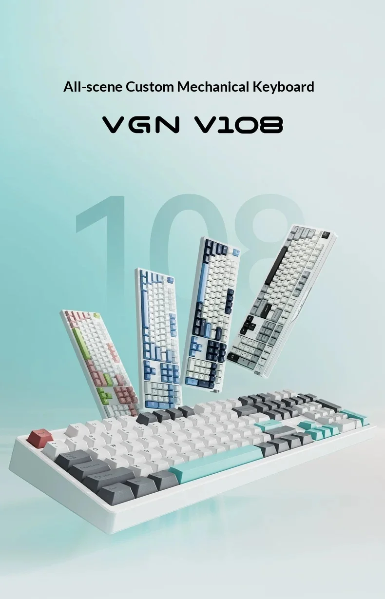 VGN V108 Wireless Keyboard Three Mode Connection E-sports Keyboard 10000mAh Battery Endurance Full Key Hot Plug Pc Accessories
