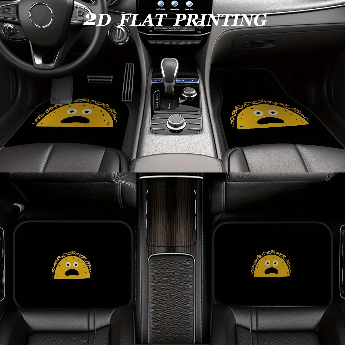 4pcs Non-Slip Car Floor Mats With Funny Taco Design - Heavy-Duty All-Weather Driver/Passenger/Rear/Trunk Mats, Black & Yellow Ta