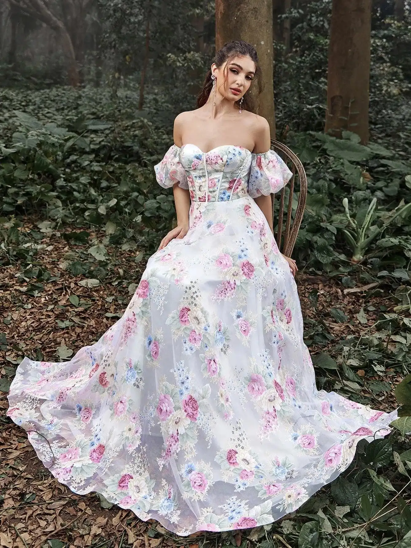 Robe de Bal Élégante en Organza à Manches Bouffantes, Imprimé Floral