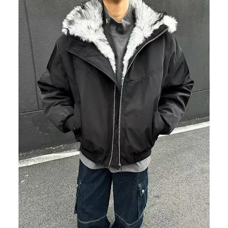 Fashion New Trend Wool Collar Thickened Cotton Jacket Y2K American Men And Women Black Retro Punk Vintage Loose Casual Coats