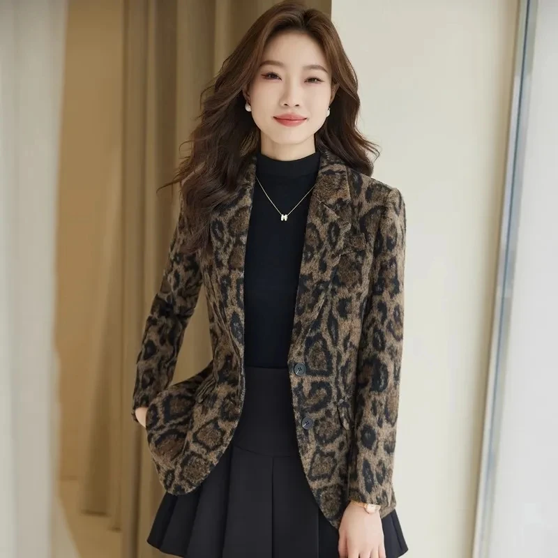 Leopard Printed Woolen Blazer Women Long Sleeve Single Breasted Autumn Winter Jacket Streetwear Ladies Blazer Female Outerwear