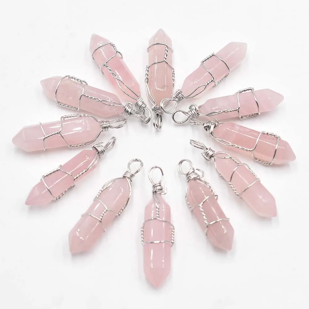 Wholesale 12pcs/lot natural tiger eye stone amethysts pillar shape point handmade iron wire pendants for jewelry making free