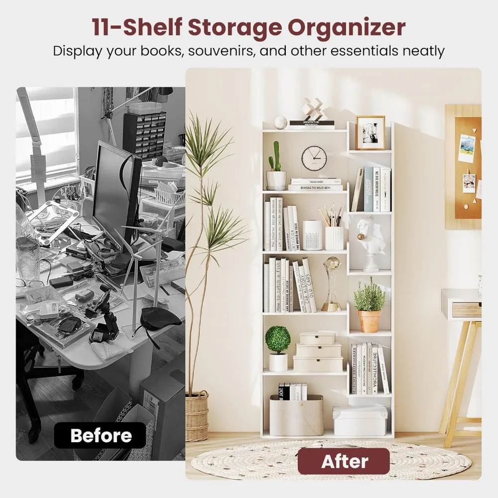 "Two-Piece Wooden Bookshelf Set with 11 Staggered Shelves and Anti-Tipping Features"