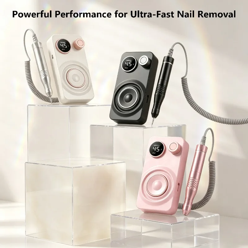 Professional Portable Nail Drill Machine, Rechargeable Electric E-File with Low-Noise Operation and Long Battery Life, for Gel Removal, Nail Shaping, Polishing, Cuticle Care and Manicures, Includes 12 Drill Bits and 6 Sanding Bands