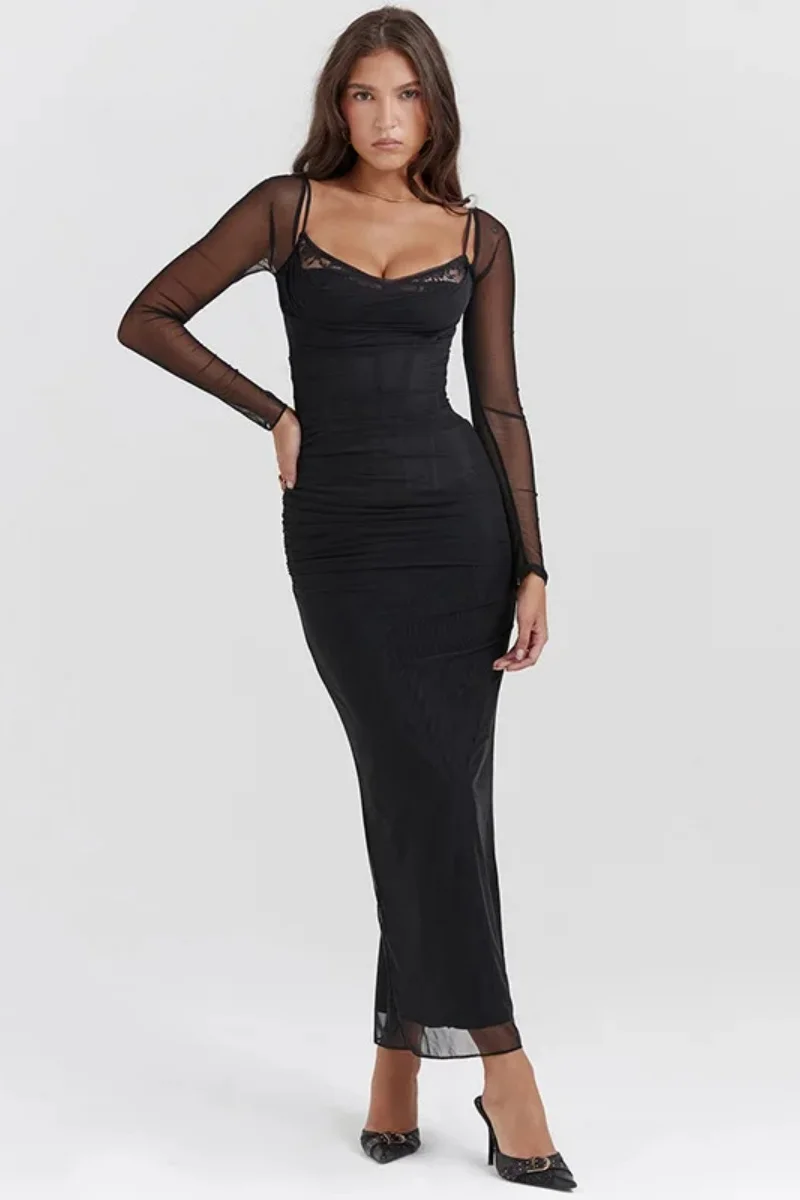 Elegantes, durchsichtiges, langärmliges, figurbetontes Maxikleid für Damen, modisches Netz, schwarz, trägerlos, rückenfrei, Club-Party, sexy Kleid