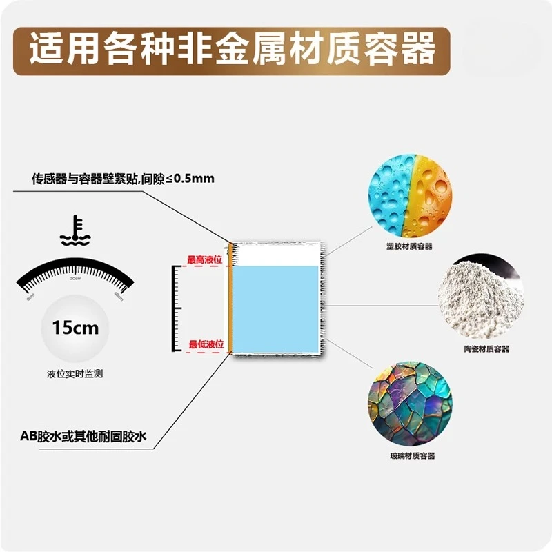Capacitive non-contact continuous liquid level detection sensor attached to real-time water level oil level monitoring module