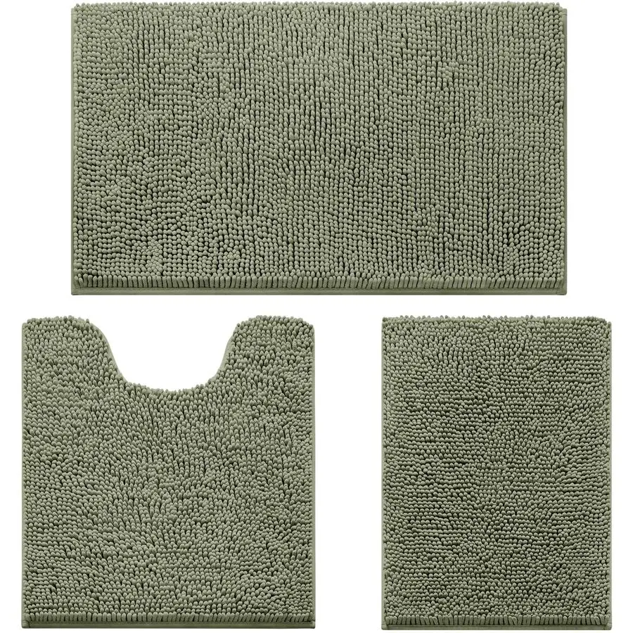 

3 Pieces Bathroom Rugs, Ultra Soft Non Slip Absorbent Chenille Toilet Bath Mat Set Sage Green