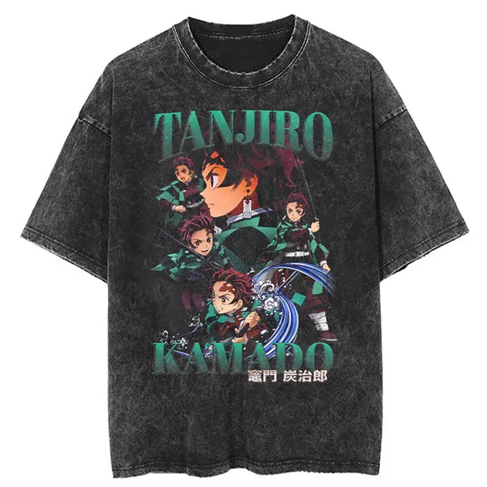 

Demon Slayer 2026 Summer Vintage Washed Cotton T Shirt Oversized Streetwear Inosuke Hashibira Boar Mask Dual Blades