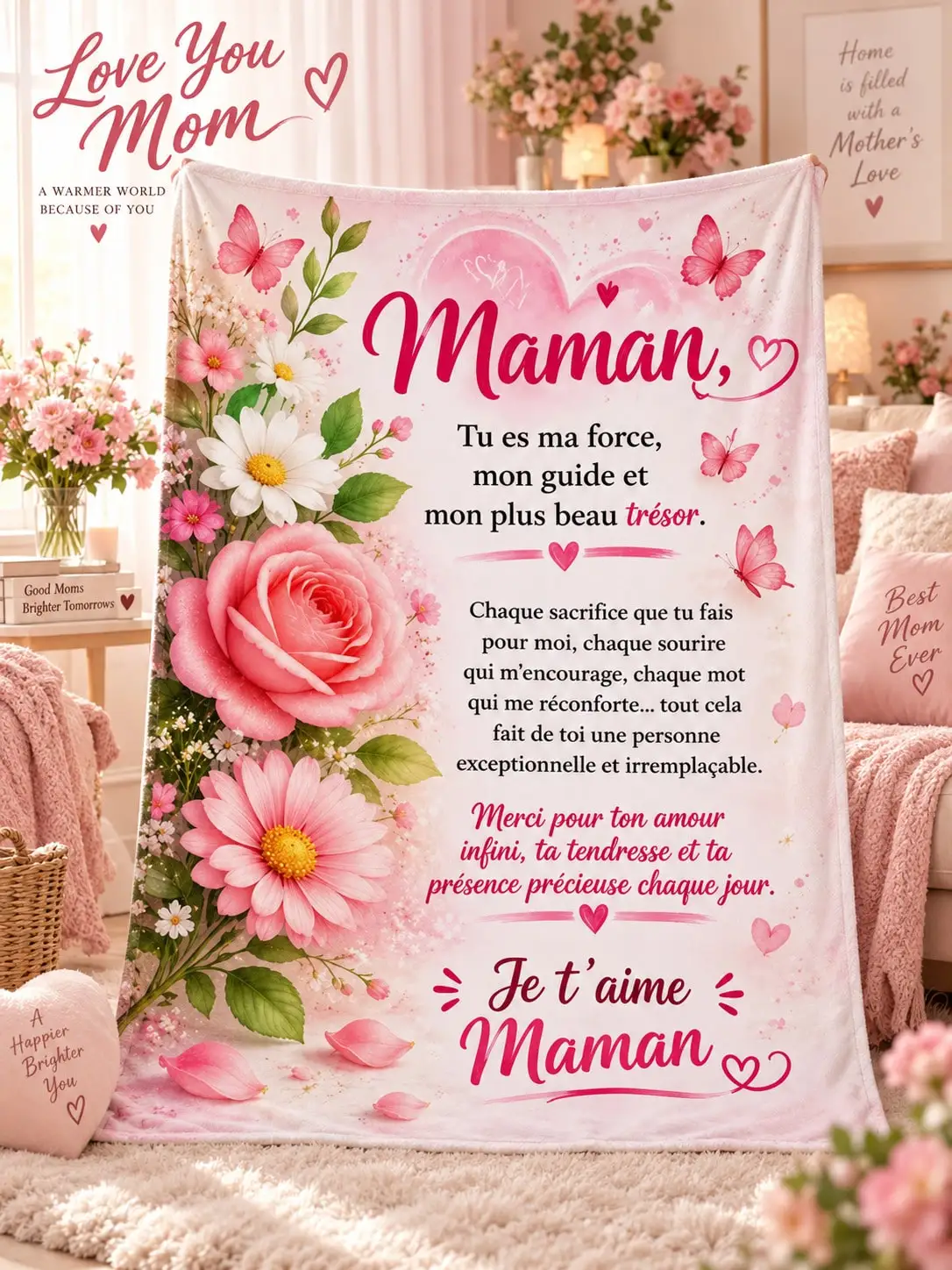 Mom Floral Quote Flannel Blankets & Throws for Mom Gift Mother Appreciation Blanket for Mom Grandma Mother Family Loved One Birthday Anniversary Christmas Thanksgiving Gift Home Decor Living Room Bedroom Sofa Couch Bed Cover Cozy Warm Keepsake Sentim