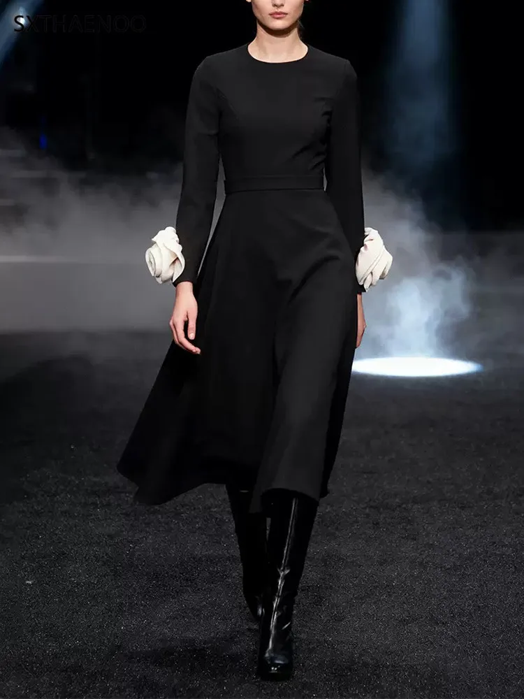 

SXTHAENOO Elegant Spliced Appliques Dresses Women Round Neck Long Sleeve High Waist Patchwork Zipper Slimming Dress Female 2025