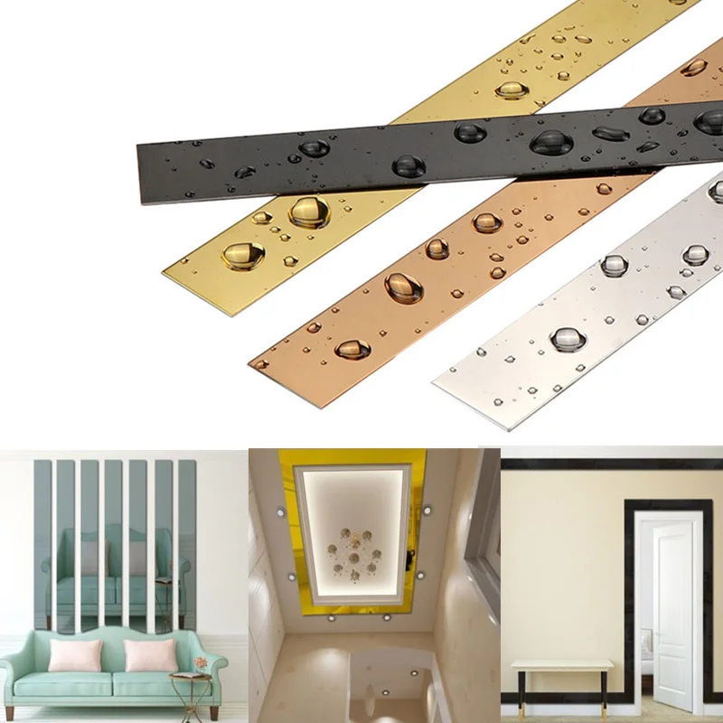 3M stainless steel flat metal decorative strip Ceiling Edge Line mirror background wall stickers for living room decor gold tape