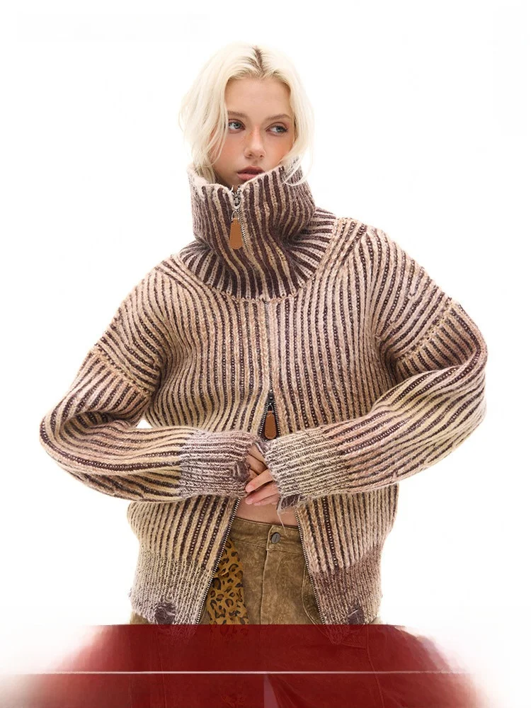

BeerBro adient Texture Zipper Hole Knitwear Soft Fluffy Double Start Loose Fit Long Sve Autumn Winter Street Sle Sweater
