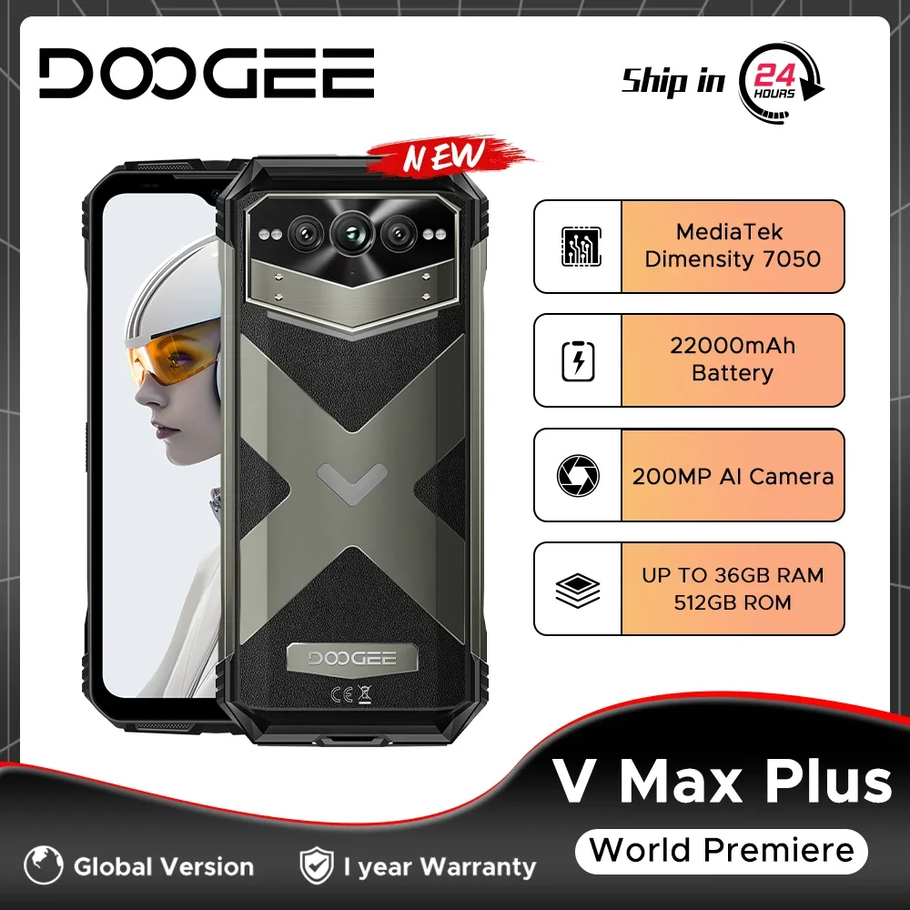 DOOGEE V Max Plus Robuuste telefoon 6,58 "120 Hz Display 16 GB 512 GB 200 MP AI Camera 22000 mAh Batterij Verlichtingseffect Android 14 OS