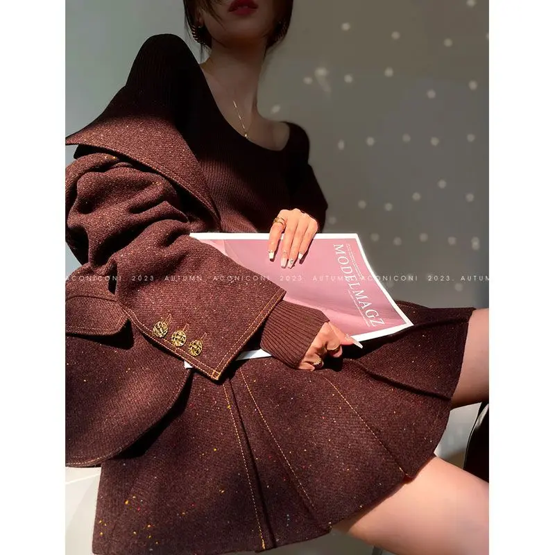 MiiiiX French Style Elegant Skirt Suits Women Two-piece Set Autumn High-end Long-sleeved Suit Jacket Design Short Pleated Skirt