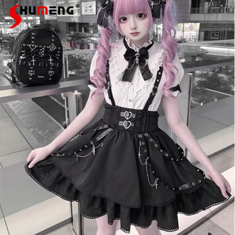 

Japanese Original Subculture Black And White Sweet Cool Niche Punk Style Overalls Skirt Short-sleeves Shirt Y2k Mine Series Top