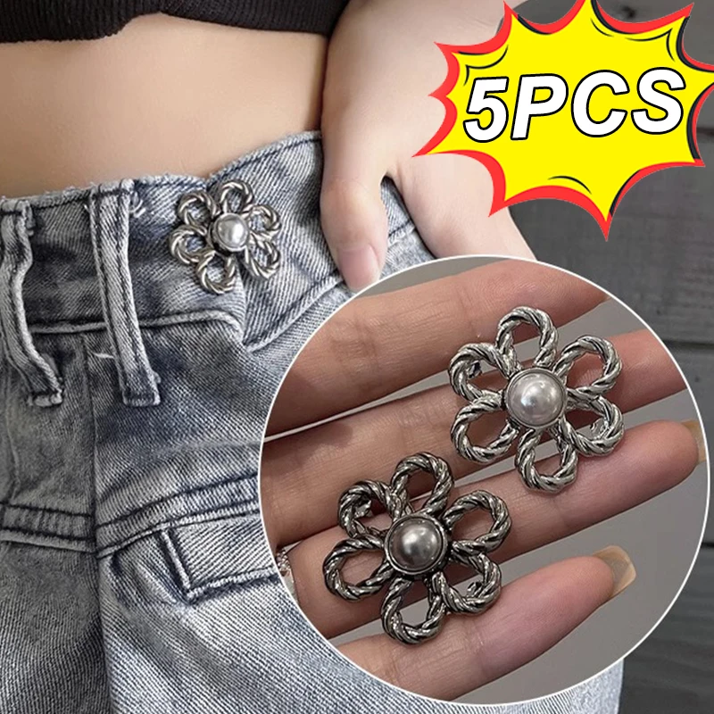 Hebilla de cintura en forma de flor para mujer y niña, broche de ajuste ajustable, botón desmontable para pantalones vaqueros, dorado y plateado, 5 unidades por lote