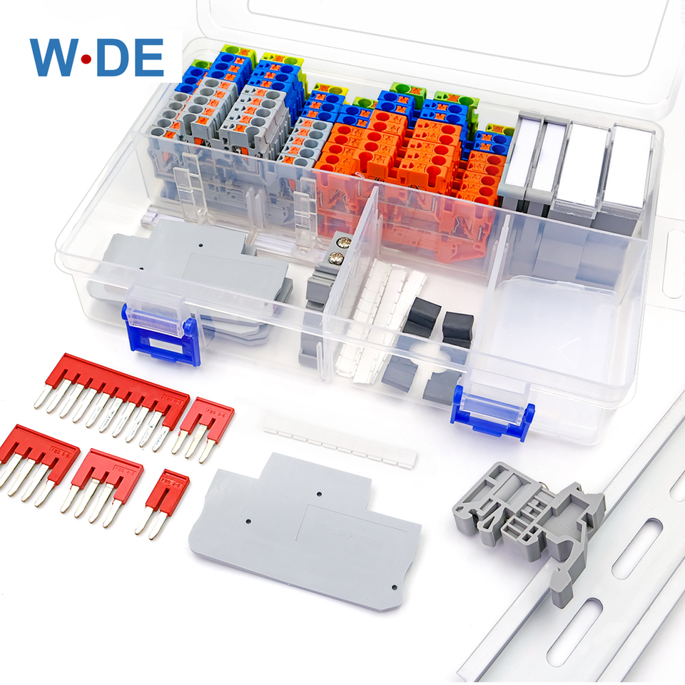 PTTB2.5 Din Rail Terminal Block Kit 12AWG Spring Type End Cover Stop Plug-In Jumper Bridge Marker Strip Assembly Combined 1Set
