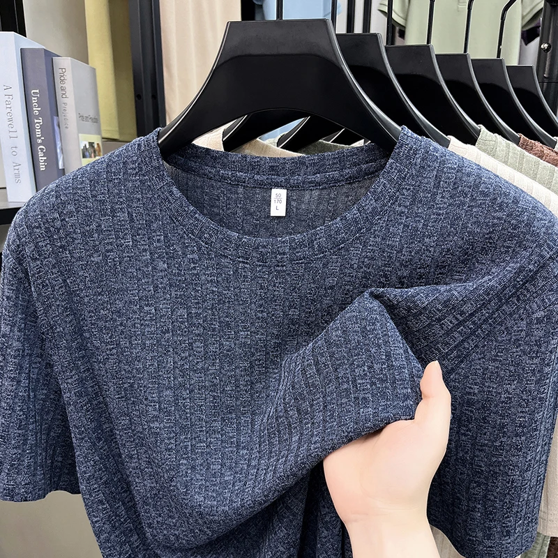 Herren T-Shirts mit Strukturierter Oberfläche und Rundhalsausschnitt, Sommerliche Lässige Atmungsaktive Feuchtigkeitsableitende Oberteile für Männer, Tägliche Kleidung – Detail 7