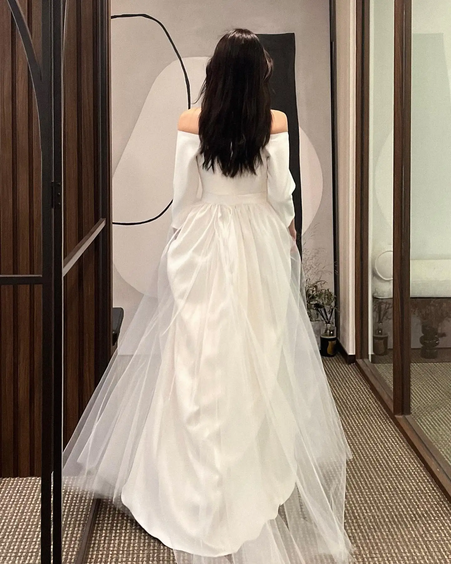 OEING Strapless Korea Garden Evening Dresses Pleat Long Sleeves Formal 프롬드레스 Floor Length Elegant Prom Grown Party Women Bride