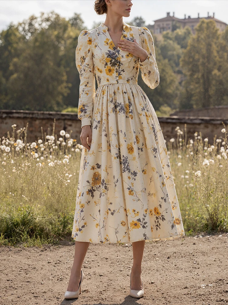 Elegant V-neck Floral Printed Long Sleeve Dress Temperament Lady High Waist Pleated Dress Autumn New Simple Party Maxi Dresses