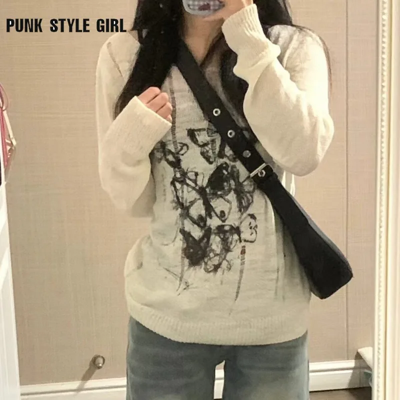 2024 Harajuku Y2K Women Knitwear Vintage Knit Tshirt Gothic Korea Fashion Long Sleeve Spring Loose See Through Graphic Pullovers