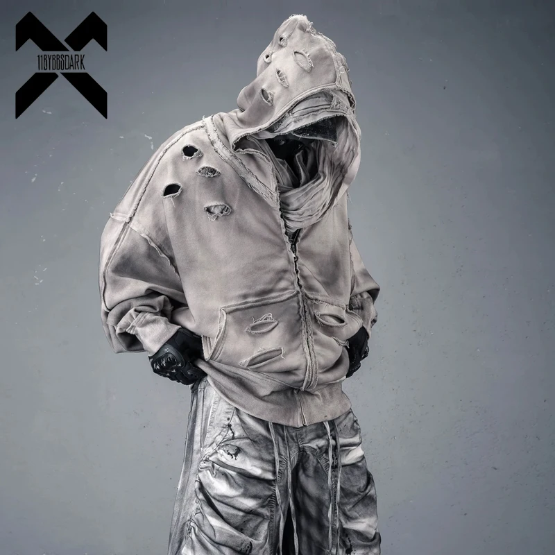 Men Wasteland Washed Dirty Dye Zip Up Hoodie Hole Ripped Design Tops Casual Streetwear Oversized Jackets