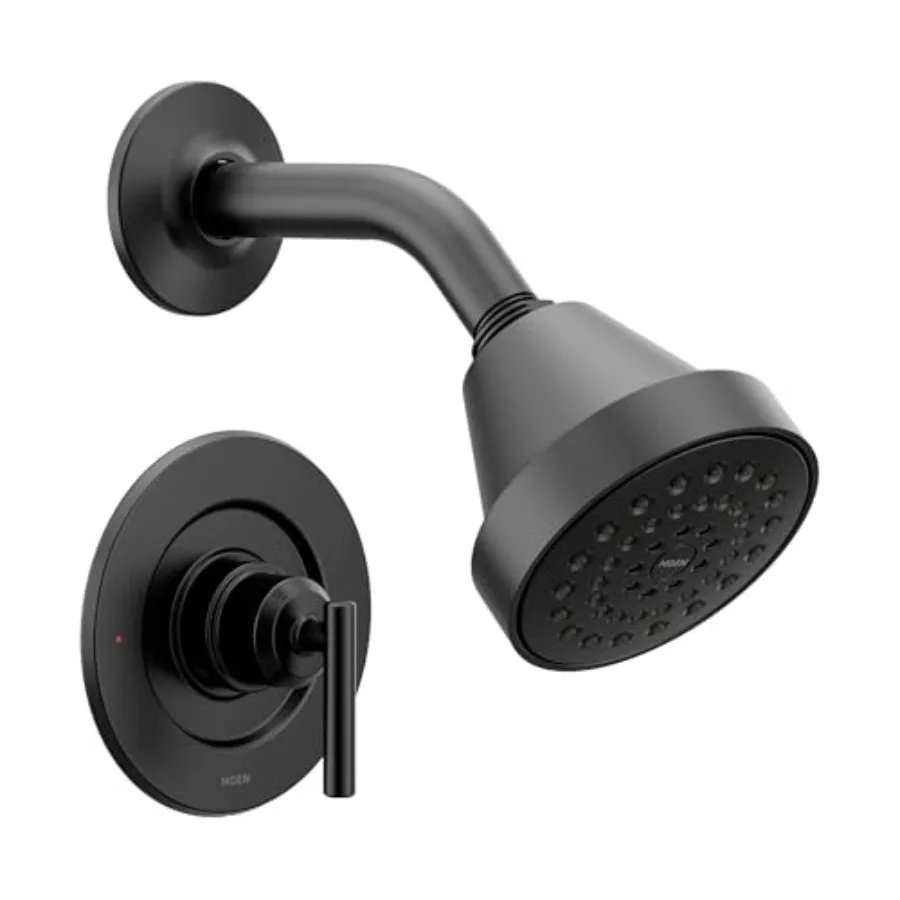 

Bathroom shower trim in matte black finish with eco-performance materials, modern design, includes showerhead and lever handle,