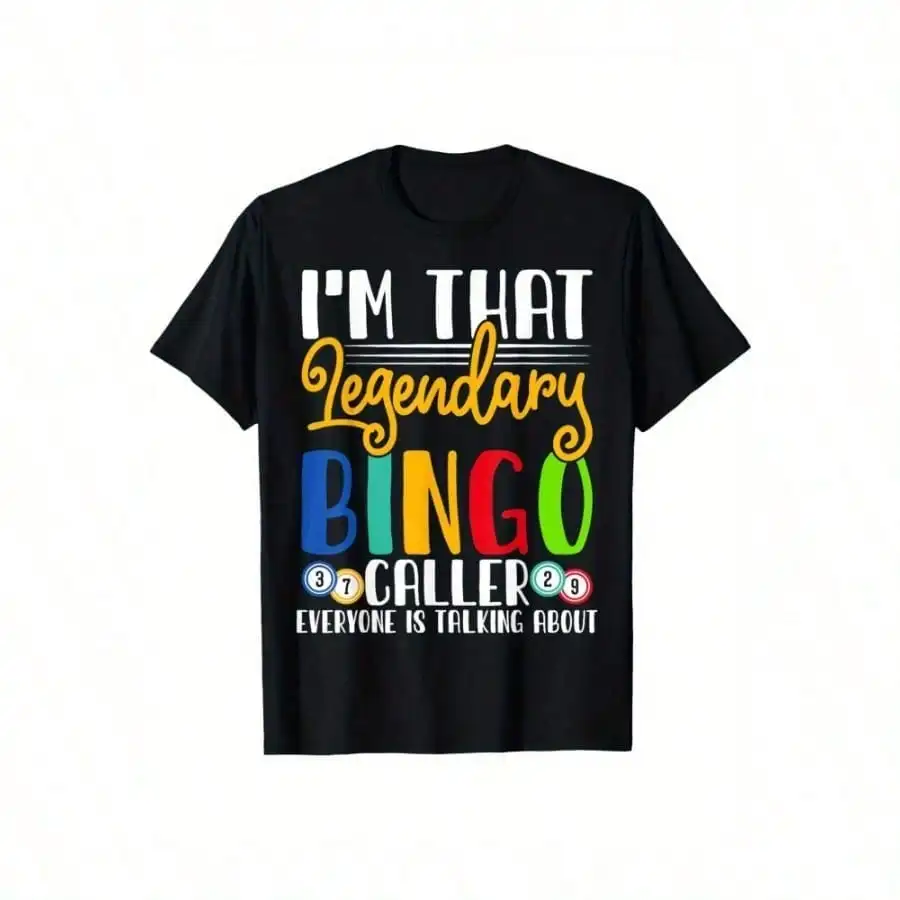 Camiseta con gráfico de llamador de bingo legendario para hombre, camiseta informal de algodón negro con letras coloridas para la noche de juegos y amantes del humor