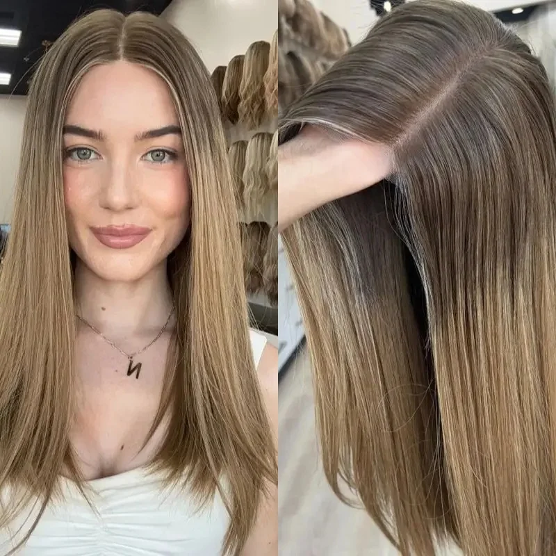 Balayage Ombre Brown Blonde Highlights Synthetic HD Lace Front Wig Preplucked Hairline Human Hair Blends Wig Party Daily Wear
