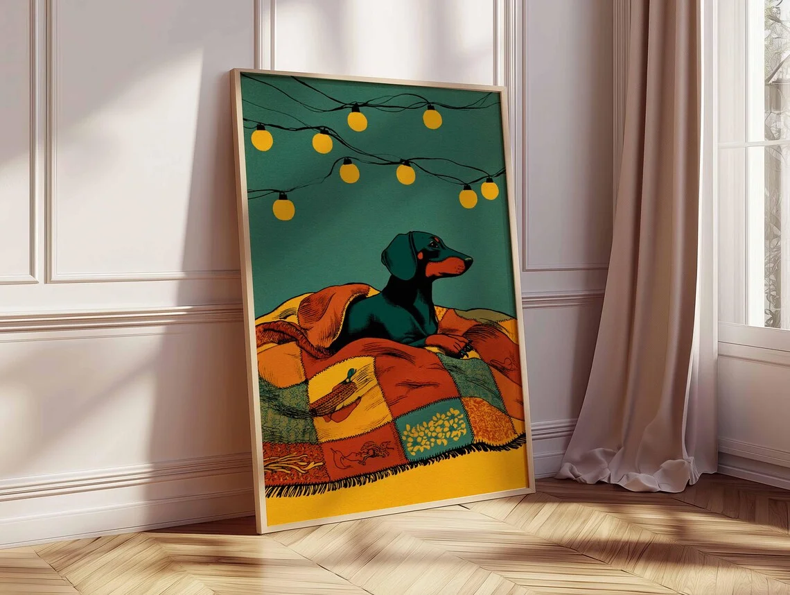 Cozy Dachshund String Lights Wall Art - Serene Print Celebrating Feline (Canine) Comfort. The Deep Teal Backdrop and Warm Fairy