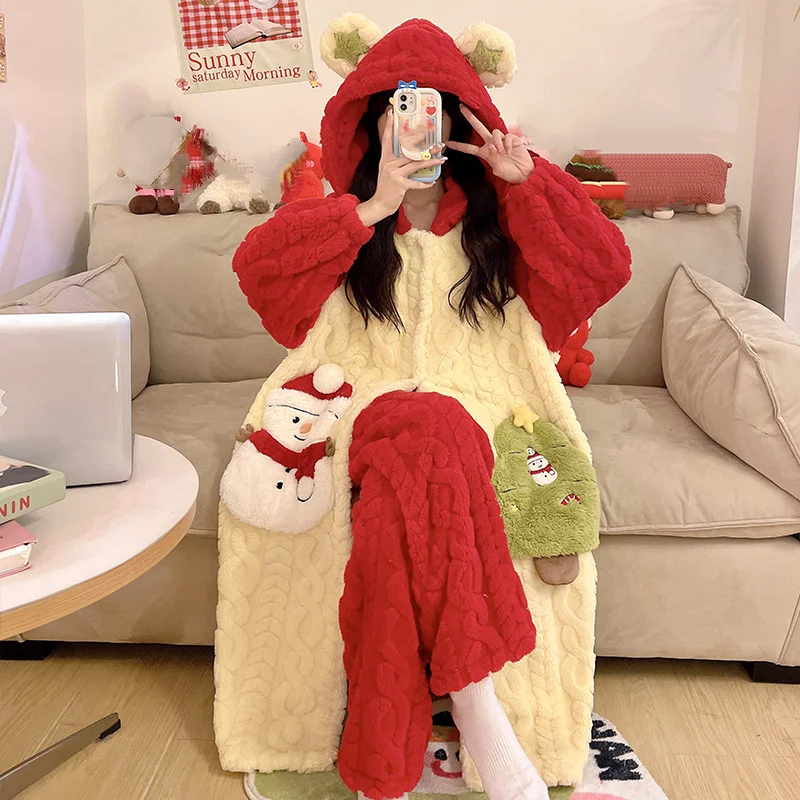 

coral fleece robe Women pajamas autumn winter new model Cotton Pajama fleece-lined thicken red Sleepwear suit homewear wholesale
