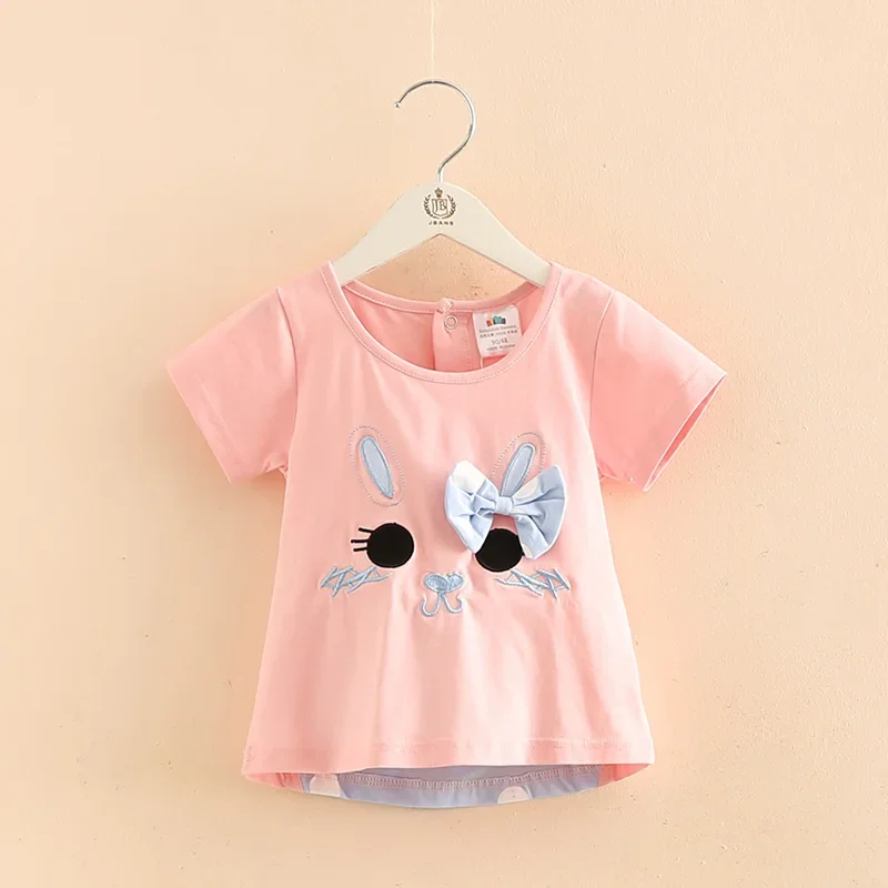 

Children Baby White Pink Cotton Cartoon Cat Dot Bowknot Patchwork Short Sleeve Kids Girl T-Shirt 2025 Summer 3 4 5 6 8 10 12Year