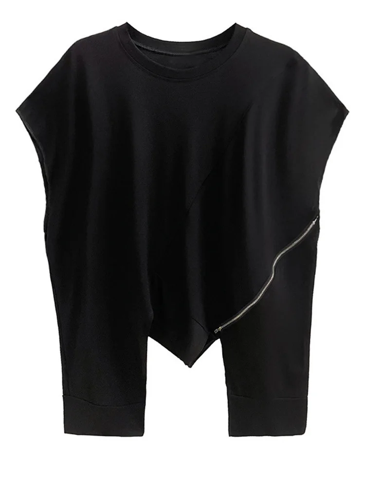 Camiseta negra con cremallera y abertura Irregular para mujer, camiseta de talla grande, cuello redondo, manga corta, moda Primavera Verano