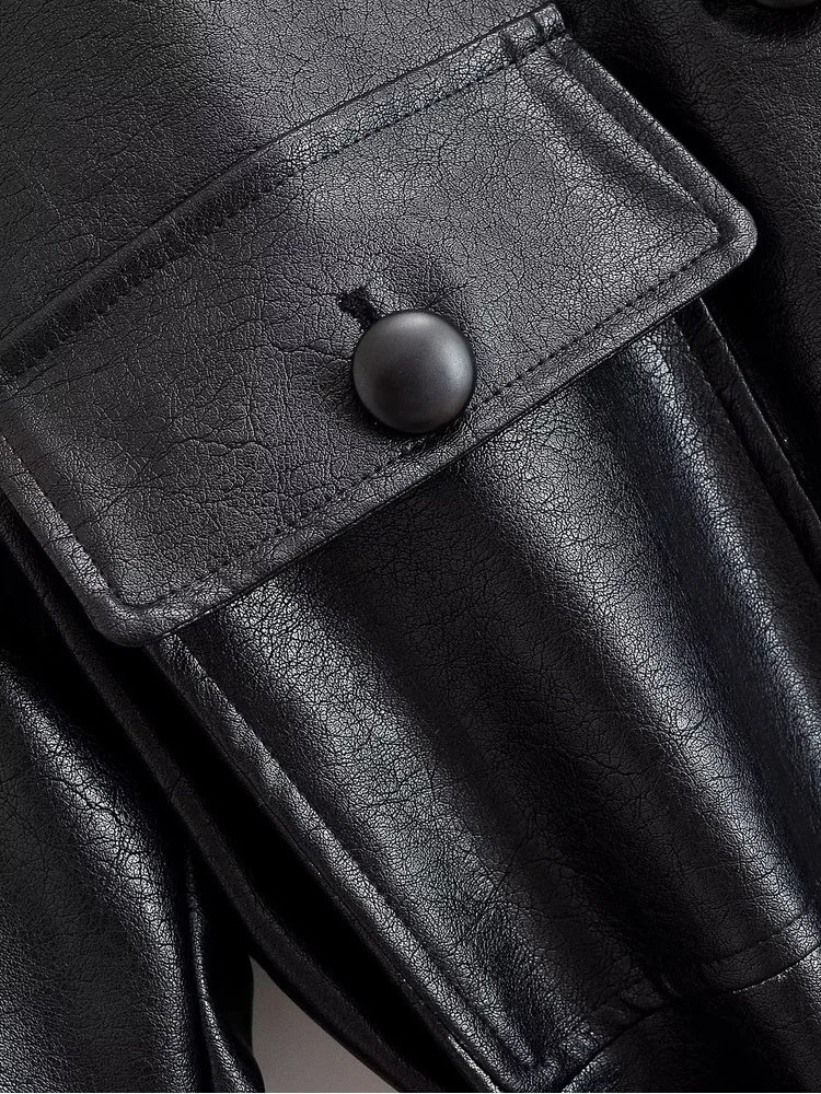 AACHOAE Women PU Leather Jacket Belted Waist Coat Stand Collar Button Front Long Sleeve Casual Vintage Faux Leather Outerwear