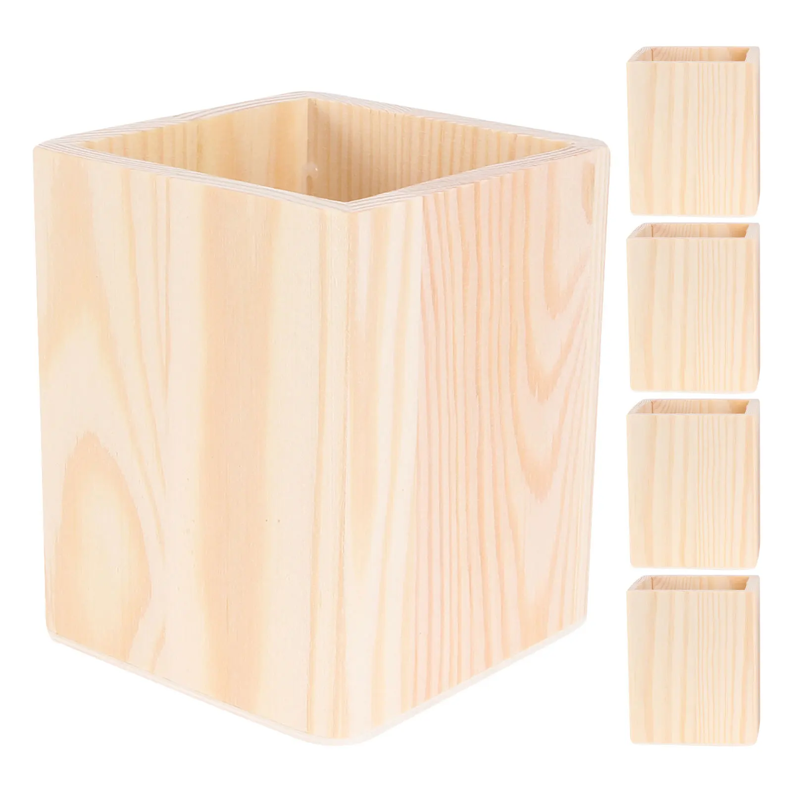 

5pcs Diy Wooden Pen Holder: Unfinished Blank Pencil Cup 3.93X3.14X3.14In For Desk Office Makeup Brushes Storage Rustic Table