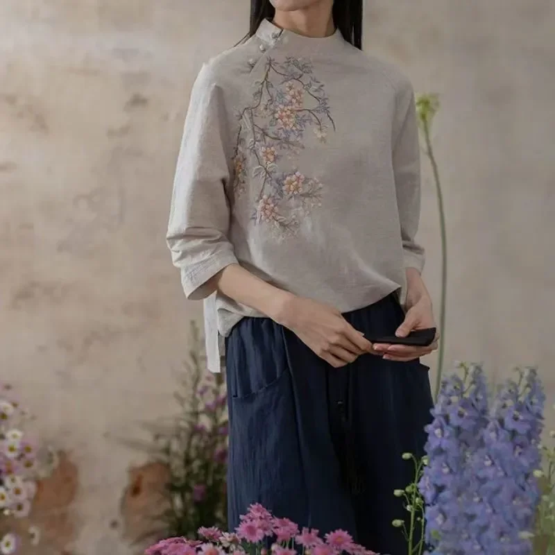 

Женская блузка с цветочной вышивкой, воротником-мандарином и рукавами до локтя, повседневная льняная рубашка