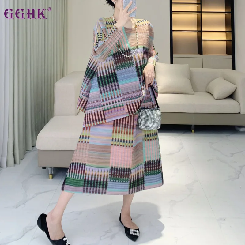 

Женский повседневный комплект из двух предметов, плиссированная эластичная юбка с высокой талией, неровный подол и футболка с круглым вырезом с длинными рукавами