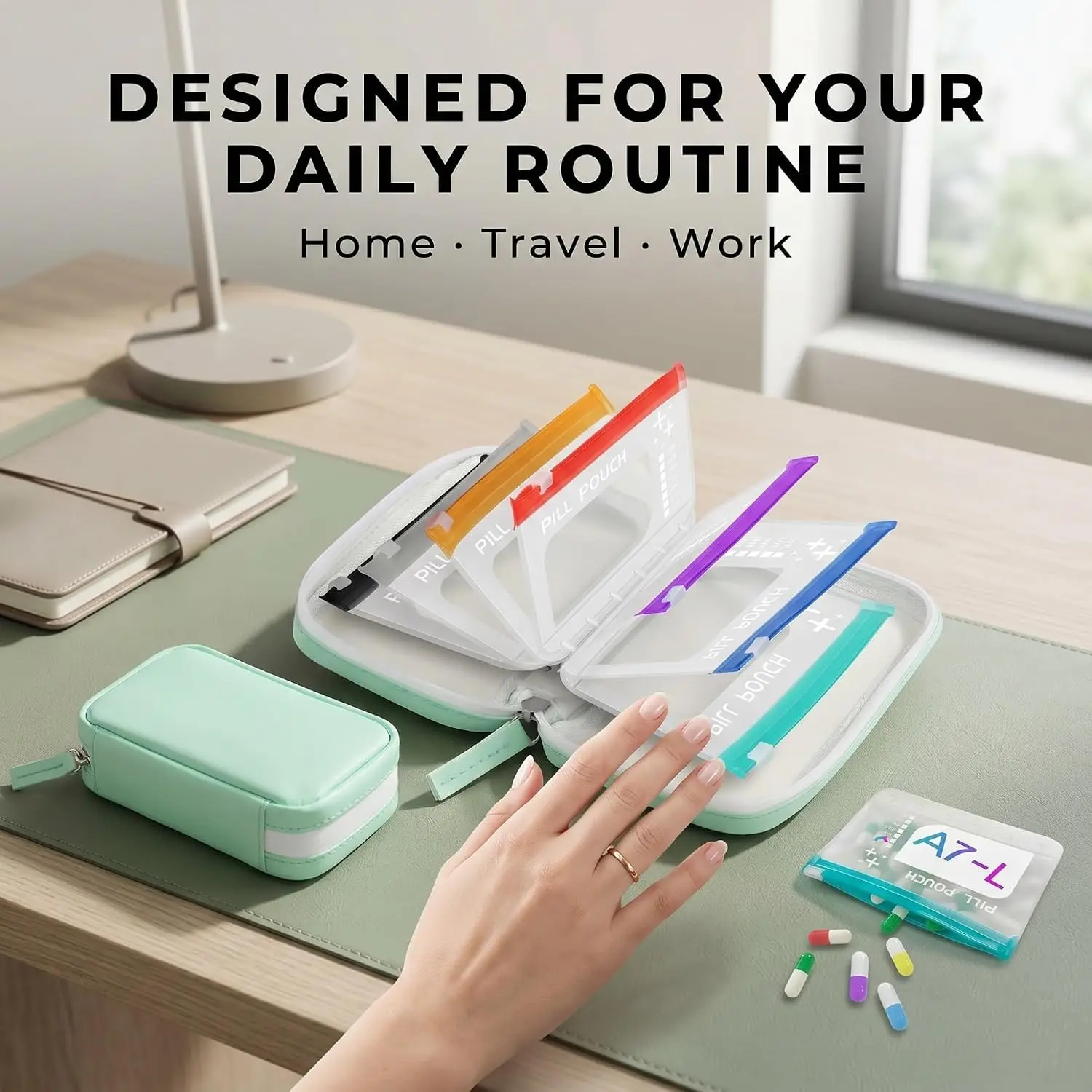 Pill Pouch Bag Binder A8 Waterproof Travel Weekly with 14 PCS L Size Zippered Pouches Large Purse Medicine Box Pouch Bag