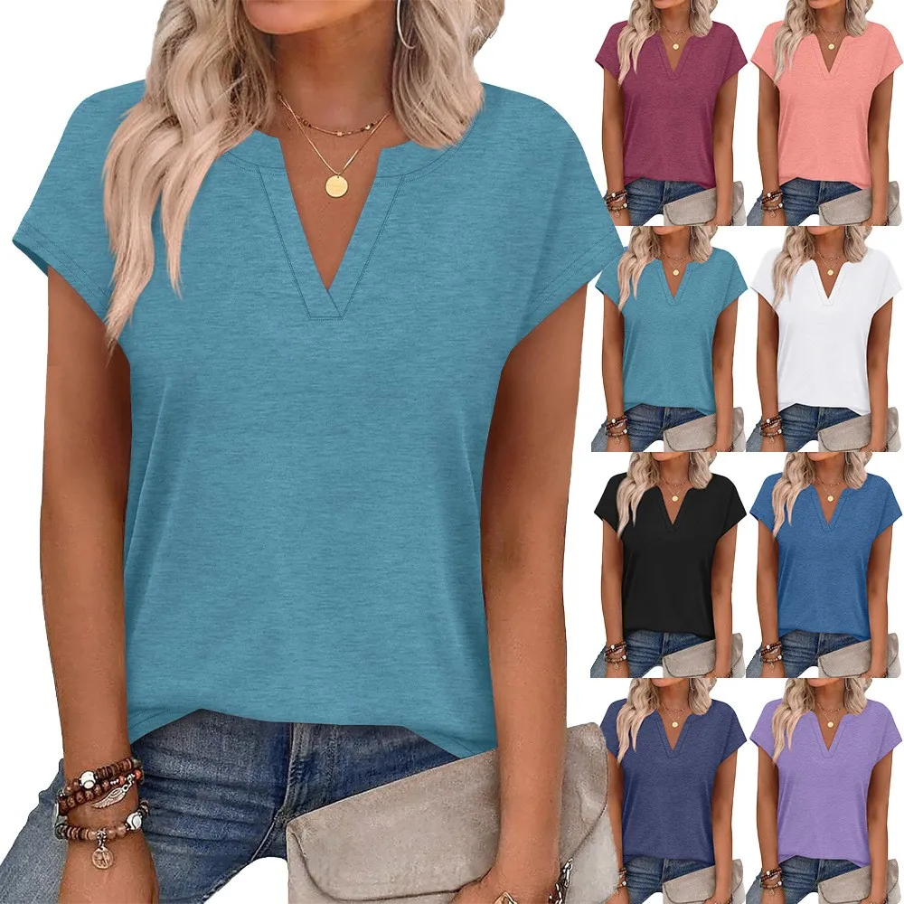 Frühling Sommer Damenbekleidung V-Ausschnitt Einfarbig Lässig Locker Sitzend Kurzarm T-Shirt für Damen Rayon Baumwolle Mittellanges Oberteil