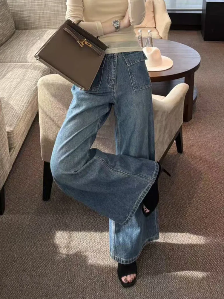 BJTZ pantalones vaqueros de cintura alta de diseñador de bolsillo para mujer 2025 primavera otoño nueva moda ropa de calle informal de pierna ancha pantalones vaqueros femeninos