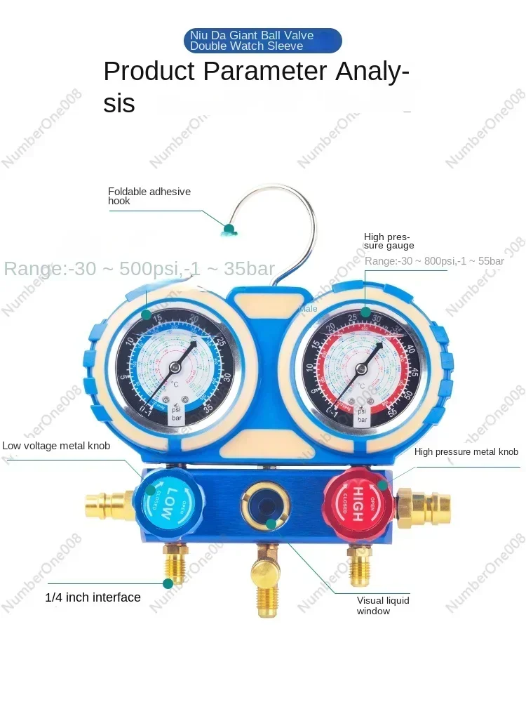 

R134 Refrigerant Car Snow Fluorometer Pressure Gauge Refrigerant Double-Meter Valve Air Conditioning Fluorination Tool Suit