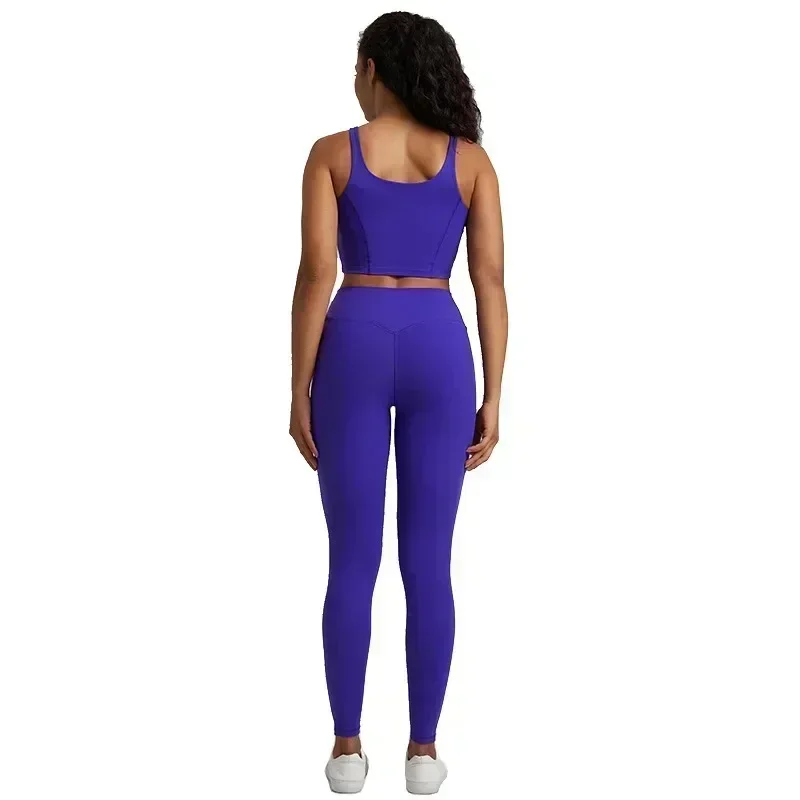 Lemon Gym Yoga Set Tight Leggings Sports Fitness Bra Top 2pc Suit Comprehensive Training Jogging Women Round Neck U Shape