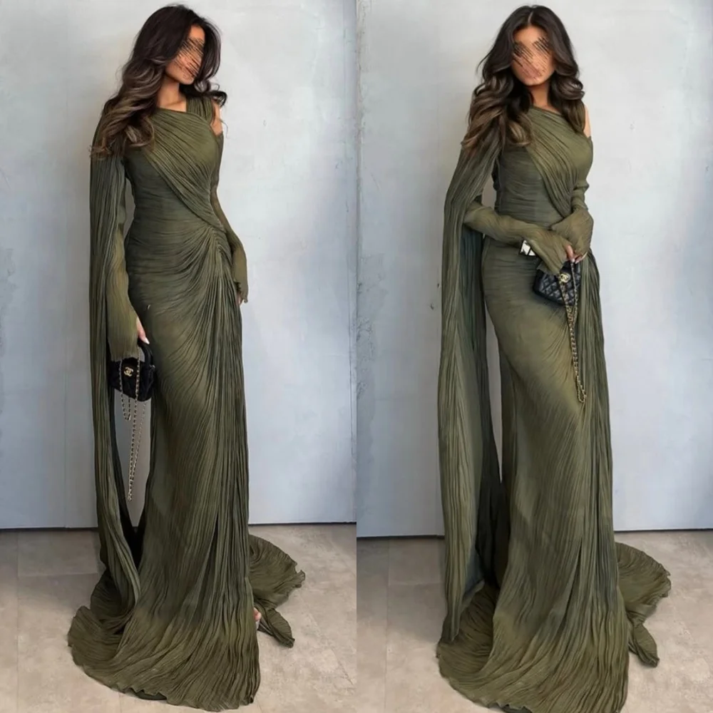 Vestido De noche verde exquisito personalizado, vestidos De fiesta De manga larga De alta calidad, Vestido De fiesta moderno con tren De corte