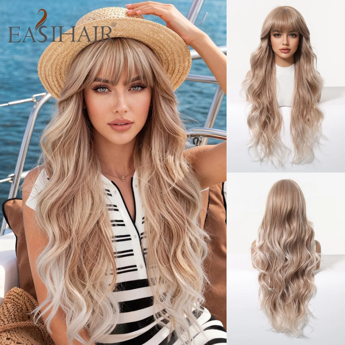

Long Wavy Ash Blonde Ombre Synthetic Wig with Air Bangs Heat Resistant Fiber Natural Looking Full Wig for Women Daily Cosplay