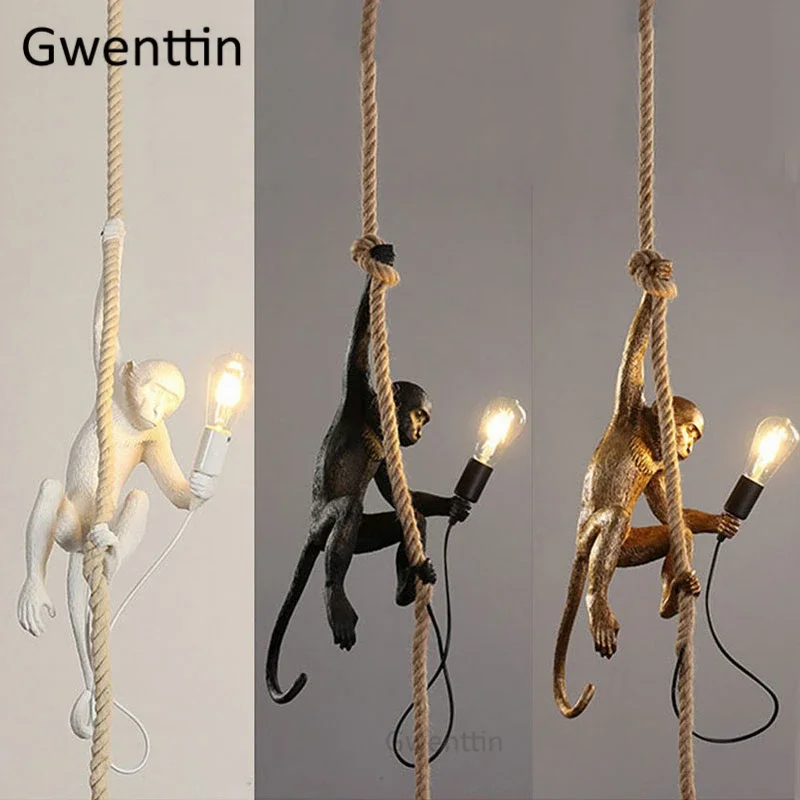 Monkey Lamp Replicas Creative Vintage Pendant Lights Chandelier Ceiling Hemp Rope Hanging Lamp Dining Room Loft Industrial Decor