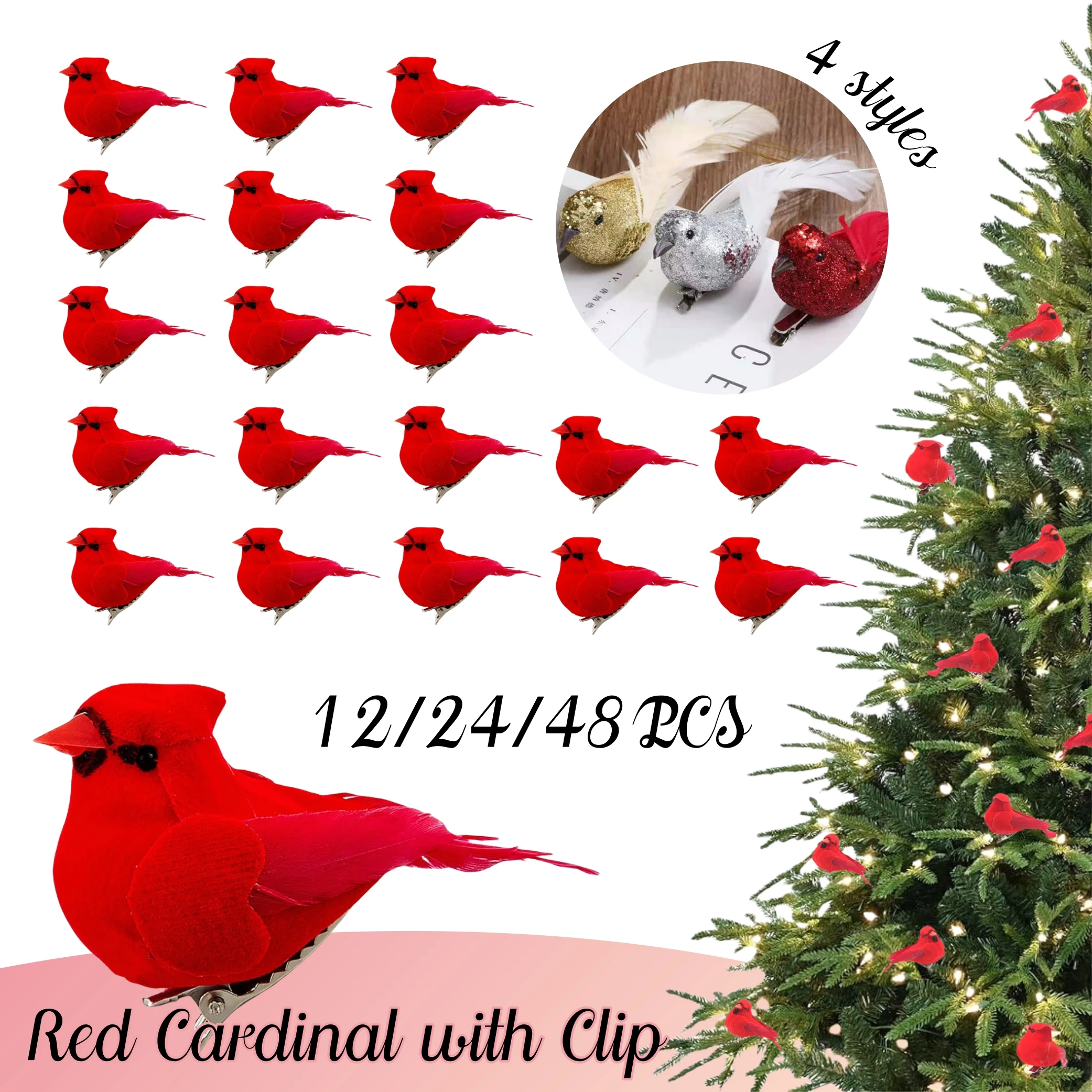 

12-48Pcs Christmas Mini Cardinal with Clip Christmas Tree Ornament Mini Red Feather Fake Birds For Home Table Wreath Art Decor